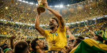 Jogador da Seleção Brasileira levanta taça dourada no estádio repleto de torcedores celebrando vitória