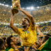 Jogador da Seleção Brasileira levanta taça dourada no estádio repleto de torcedores celebrando vitória