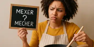 Mulher com avental segura quadro com “mexer ou mecher?” enquanto mexe panela.