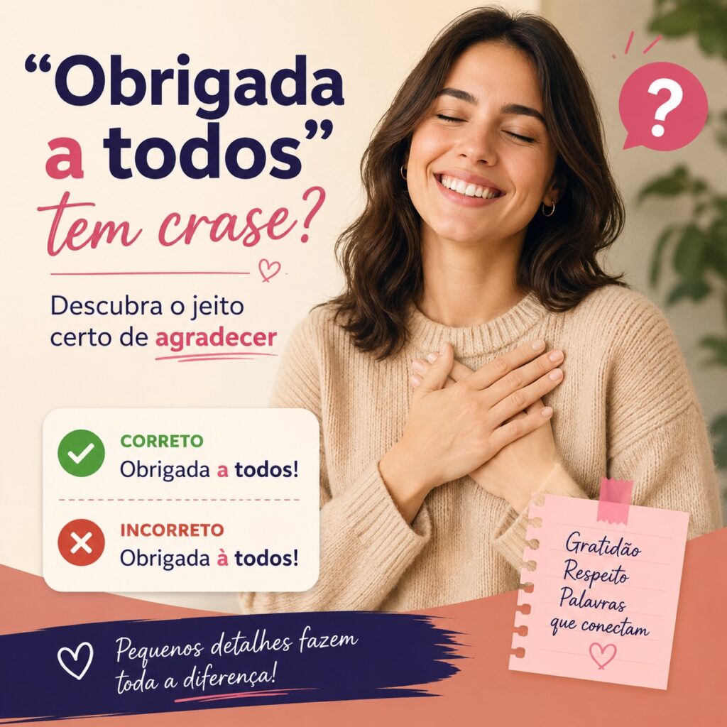 Mulher sorridente com mãos no peito e texto explicando que "obrigada a todos" não tem crase