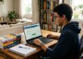 Jovem de óculos estudando em casa, com livros do ENEM 2026 e tela do INEP aberta no notebook