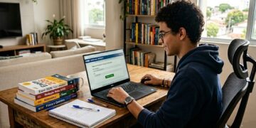 Jovem de óculos estudando em casa, com livros do ENEM 2026 e tela do INEP aberta no notebook