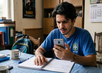 Estudante de camisa azul do Brasil olha celular com expressão séria ao lado de calendário marcando prazo do Enem