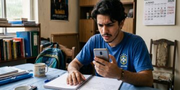 Estudante de camisa azul do Brasil olha celular com expressão séria ao lado de calendário marcando prazo do Enem