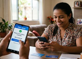 Mulher sorrindo usando celular enquanto outra pessoa exibe aplicativo FGTS liberando saque de calamidade de R$ 6.220.