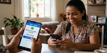 Mulher sorrindo usando celular enquanto outra pessoa exibe aplicativo FGTS liberando saque de calamidade de R$ 6.220.