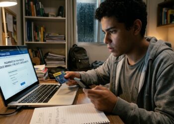 Jovem utiliza cartão e celular para pagar taxa do Enem 2026 em notebook, rodeado de livros e anotações