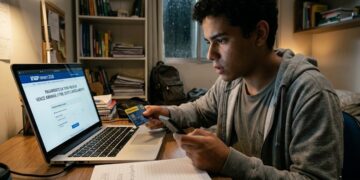 Jovem utiliza cartão e celular para pagar taxa do Enem 2026 em notebook, rodeado de livros e anotações