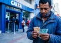 Trabalhador conta cédulas de real em frente a uma agência da Caixa, que paga o abono salarial PIS/Pasep.