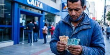 Trabalhador conta cédulas de real em frente a uma agência da Caixa, que paga o abono salarial PIS/Pasep.