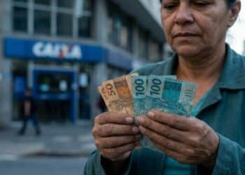 Aposentada conta cédulas de real em frente a uma agência da CAIXA, representando o pagamento dos atrasados do INSS liberados pela Justiça.