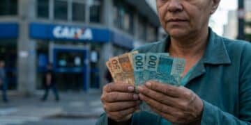 Aposentada conta cédulas de real em frente a uma agência da CAIXA, representando o pagamento dos atrasados do INSS liberados pela Justiça.