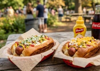 Dois cachorros-quentes em cestas vermelhas com mostarda French's e garrafa de Coca-Cola em mesa de madeira ao ar livre