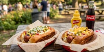 Dois cachorros-quentes em cestas vermelhas com mostarda French's e garrafa de Coca-Cola em mesa de madeira ao ar livre