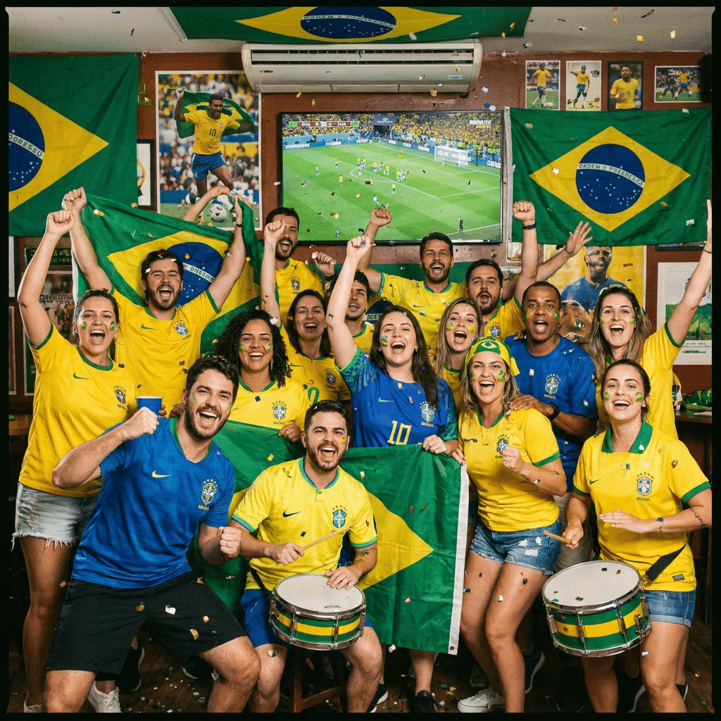 Grupo diverso de torcedores comemorando jogo do Brasil, com bandeiras e tambores em ambiente decorado