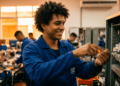 Estudante sorri em aula prática de curso técnico sem matemática avançada