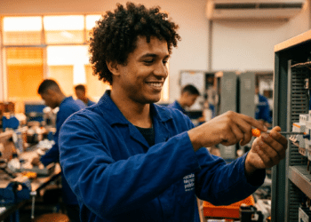 Estudante sorri em aula prática de curso técnico sem matemática avançada