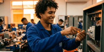 Estudante sorri em aula prática de curso técnico sem matemática avançada
