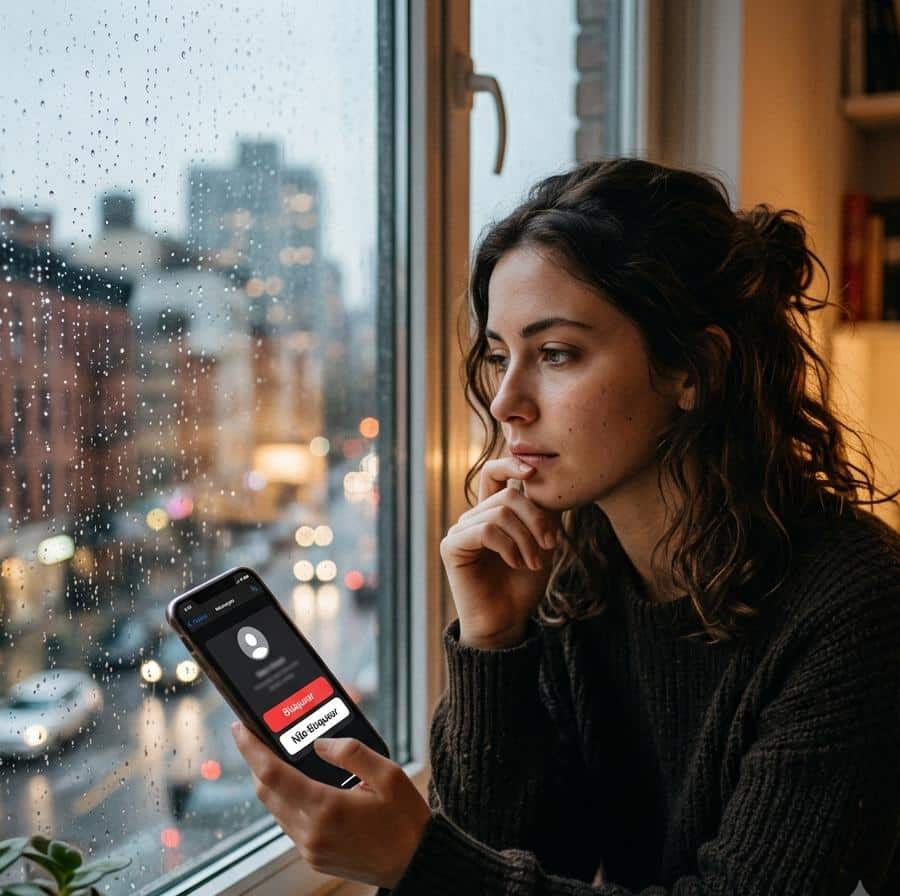 Jovem de suéter escuro segura celular com tela de bloqueio, olhando pensativa pela janela com gotas de chuva