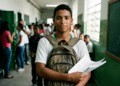 Jovem estudante negro segura papéis e mochila em corredor escolar com armários verdes e colegas ao fundo
