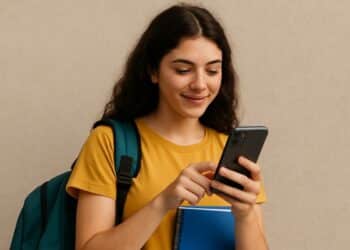 Jovem sorridente de camiseta amarela com mochila verde consulta celular segurando caderno azul