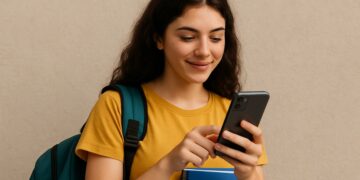 Jovem sorridente de camiseta amarela com mochila verde consulta celular segurando caderno azul