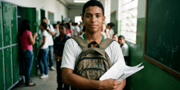 Jovem estudante negro segura papéis e mochila em corredor escolar com armários verdes e colegas ao fundo