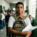 Jovem estudante negro segura papéis e mochila em corredor escolar com armários verdes e colegas ao fundo