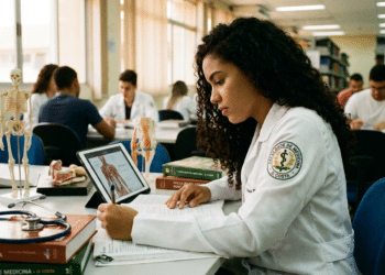 Estudante de medicina com jaleco branco estuda com tablet e livros em biblioteca de faculdade