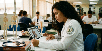 Estudante de medicina com jaleco branco estuda com tablet e livros em biblioteca de faculdade