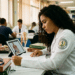 Estudante de medicina com jaleco branco estuda com tablet e livros em biblioteca de faculdade
