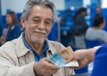 Homem idoso sorri ao receber notas de cem reais das mãos de atendente em agência