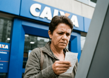 Segurada confere comprovante em terminal de autoatendimento no fim do calendário do INSS de maio