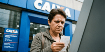Segurada confere comprovante em terminal de autoatendimento no fim do calendário do INSS de maio