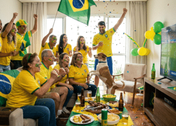 Grupo de 10 pessoas com camisas amarelas da seleção e pinturas faciais celebra gol assistindo TV com placar Brasil 2x0 Argentina