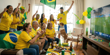 Grupo de 10 pessoas com camisas amarelas da seleção e pinturas faciais celebra gol assistindo TV com placar Brasil 2x0 Argentina