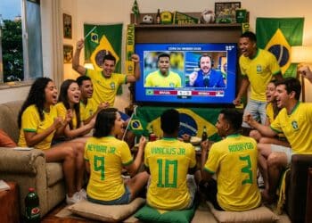 Grupo de amigos com camisas da seleção brasileira vibra em sala decorada com bandeiras do Brasil assistindo jogo na TV