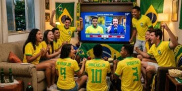 Grupo de amigos com camisas da seleção brasileira vibra em sala decorada com bandeiras do Brasil assistindo jogo na TV