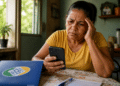 Idosa preocupada consulta o celular com documentos sobre a mesa