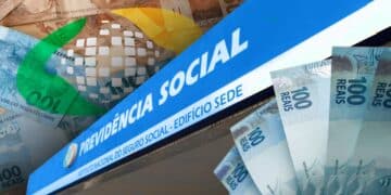 Fachada do edifício-sede da Previdência Social do INSS ao lado de cédulas de cem reais, representando os pagamentos acima do salário mínimo em julho de 2026.