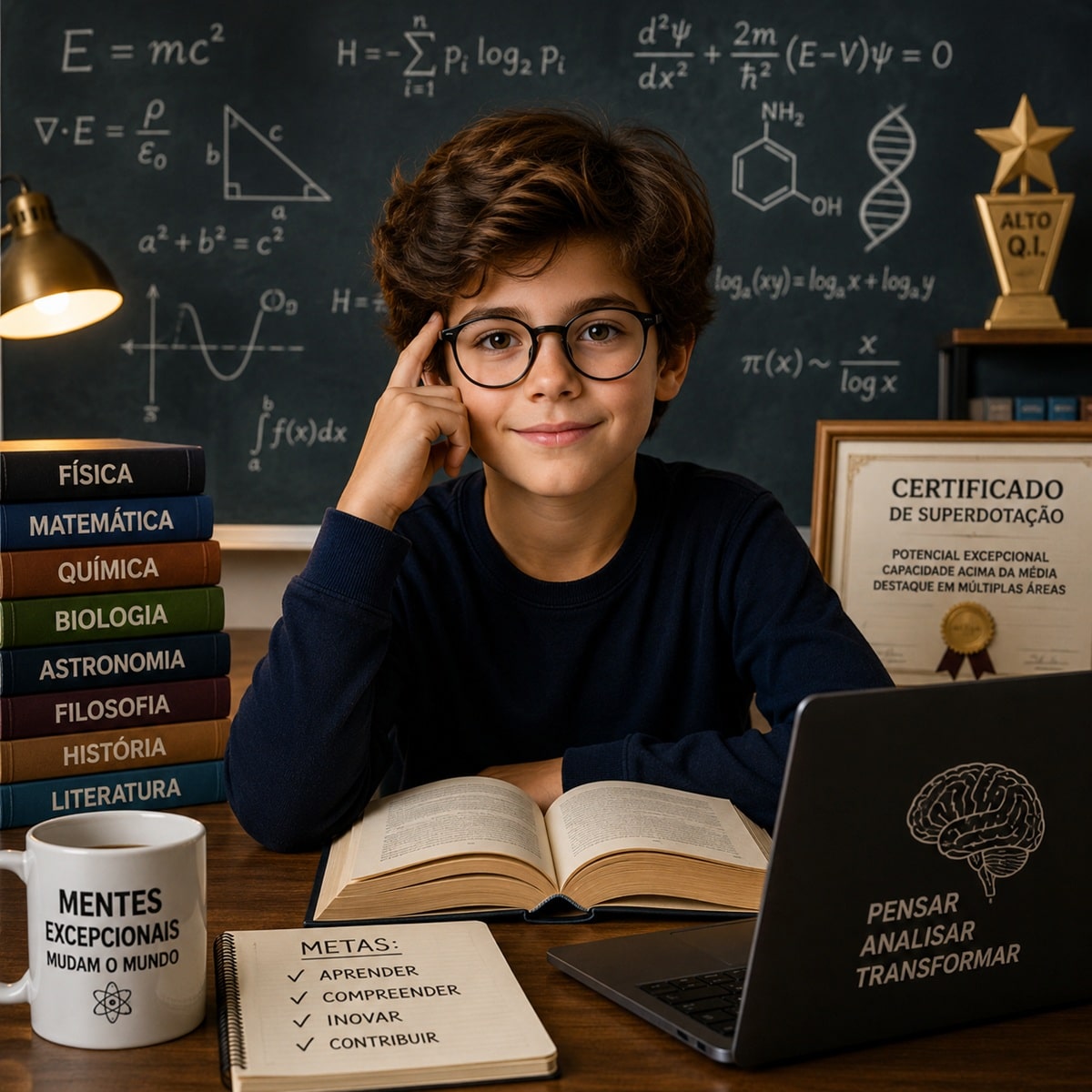 Menino de óculos ao lado de pilha de livros, certificado de superdotação e notebook com cérebro na tela