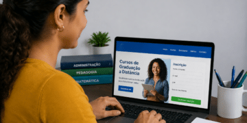 Mulher acessa site de graduação a distância, tela exibe formulário de inscrição e livros de Administração, Pedagogia e Matemática