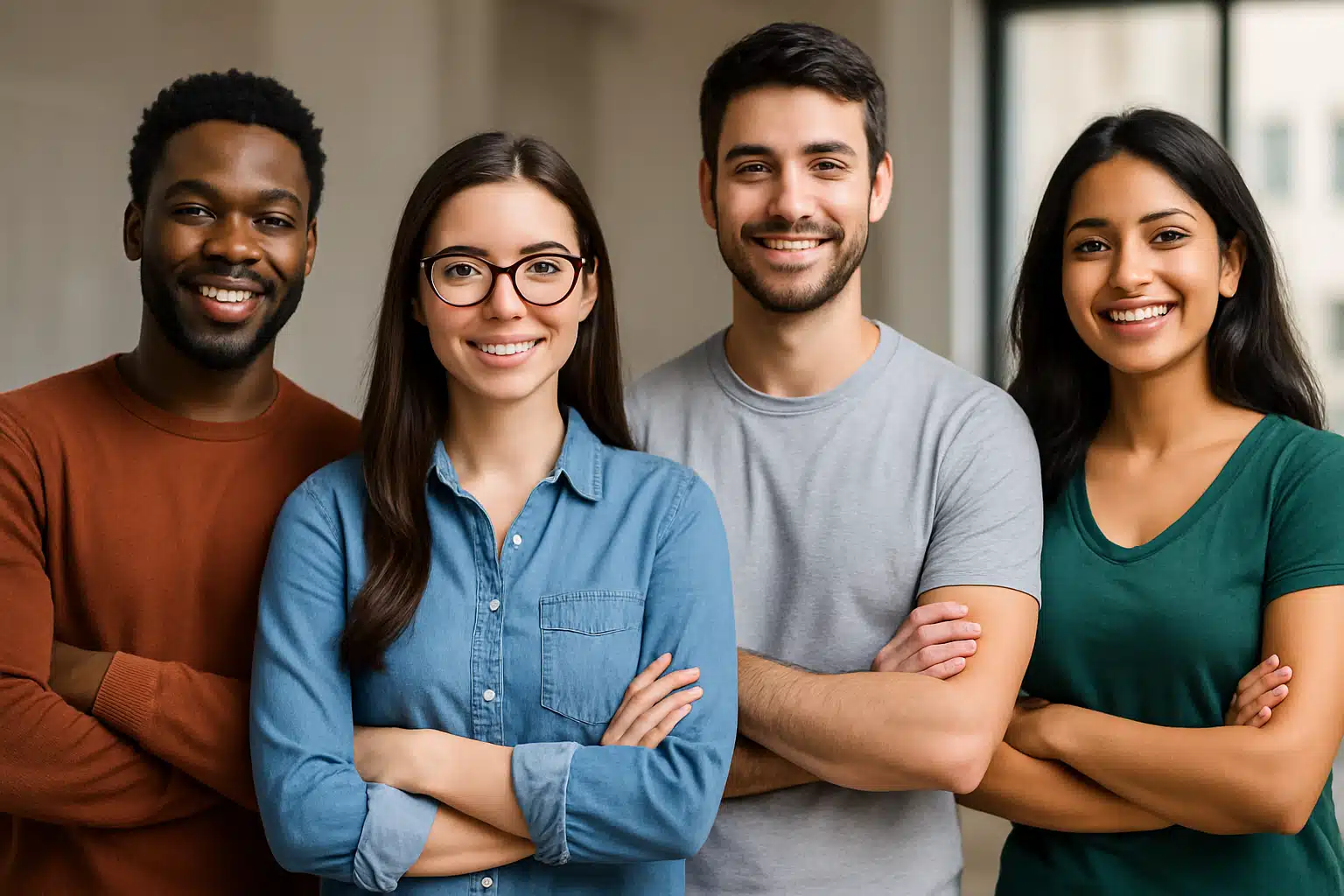 Jovens diversos sorrindo juntos em ambiente moderno Quatro jovens adultos de diferentes etnias sorrindo lado a lado de braços cruzados