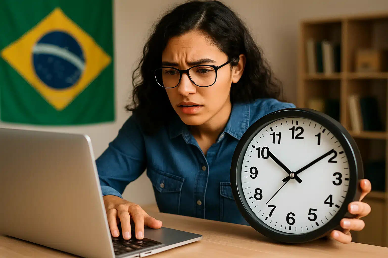 Jovem preocupada com prazo final segurando relógio diante de notebook Jovem mulher com expressão preocupada segura relógio grande perto de notebook, bandeira do Brasil ao fundo