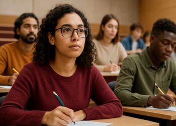 Jovens com expressão atenta escrevendo em provas em sala de aula ampla