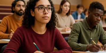 Jovens com expressão atenta escrevendo em provas em sala de aula ampla