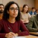 Jovens com expressão atenta escrevendo em provas em sala de aula ampla