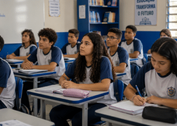 Alunos adolescentes em sala de aula, alguns atentos à explicação e outros escrevendo no caderno.