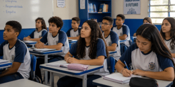 Alunos adolescentes em sala de aula, alguns atentos à explicação e outros escrevendo no caderno.