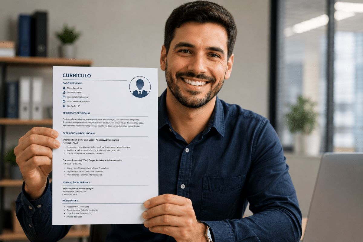 Homem jovem segura currículo em papel, sorrindo, usando camisa azul em escritório iluminado